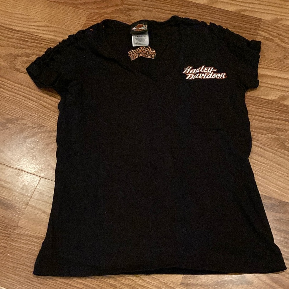Harley-Davidson black T-shirt ladies with braided shoulder detail
